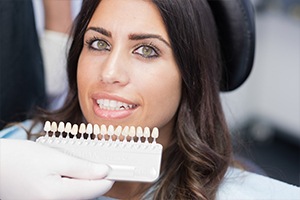 Woman's teeth compared with tooth color chart