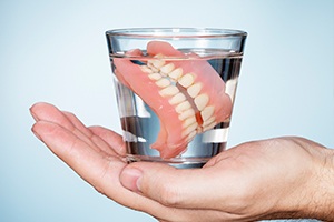 Full set of dentures in glass of water